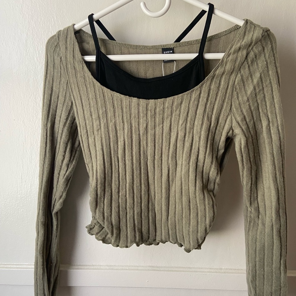 Ribbed Long Sleeve Top with Black Tank
